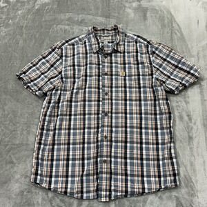 Carhartt Shirt Mens Large Blue Orange Plaid Short Sleeve Button Relaxed Fit Work